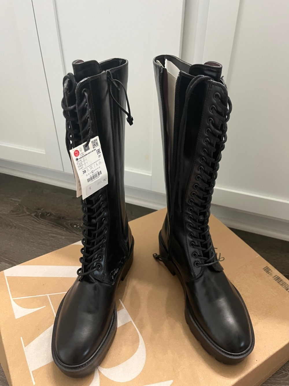 Zara Black Lace-Up Tall Combat Boots - Picture 9 of 12